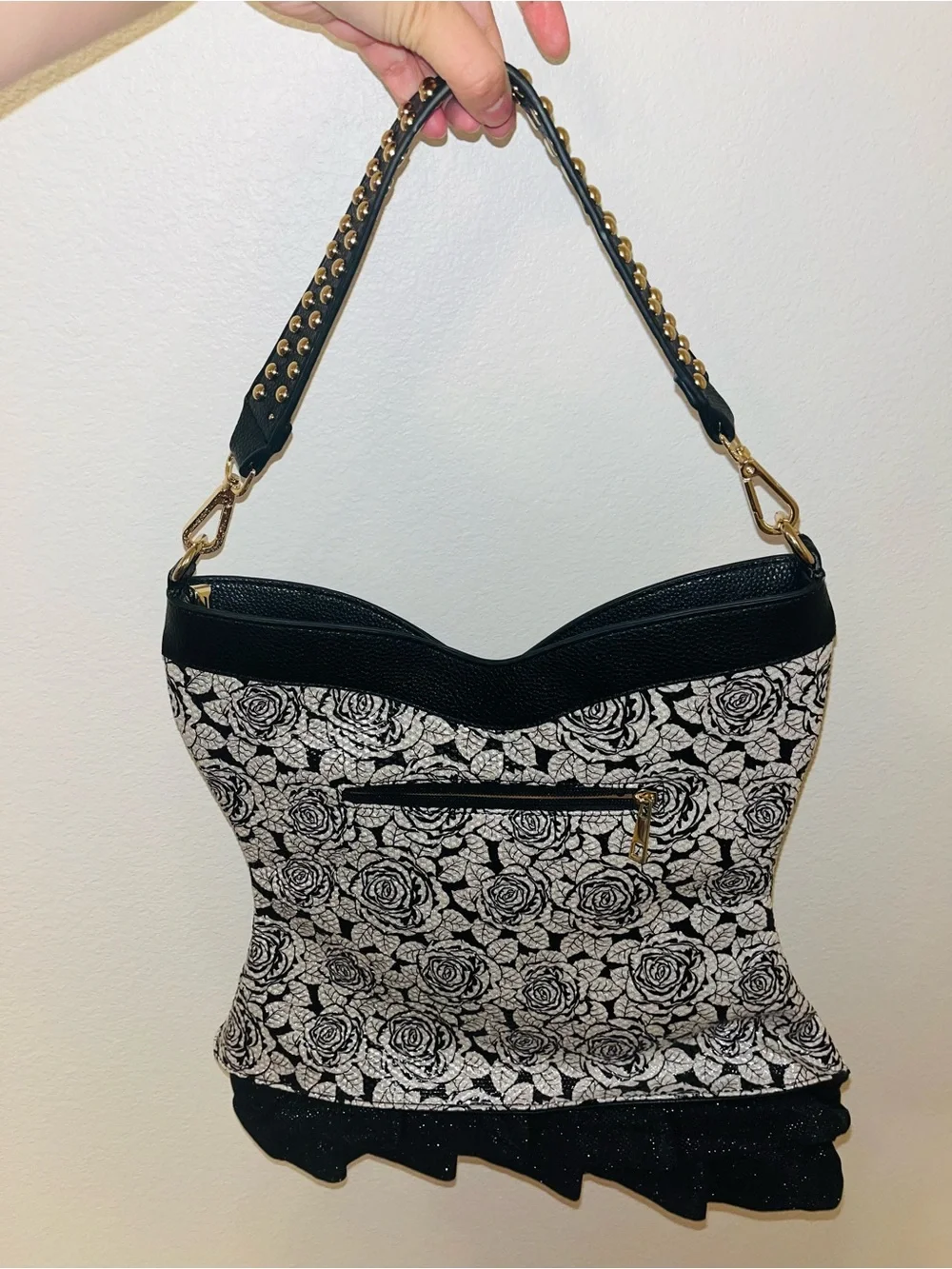 Black & White Rose Studded Corset-Style Shoulder Bag - Picture 4 of 13